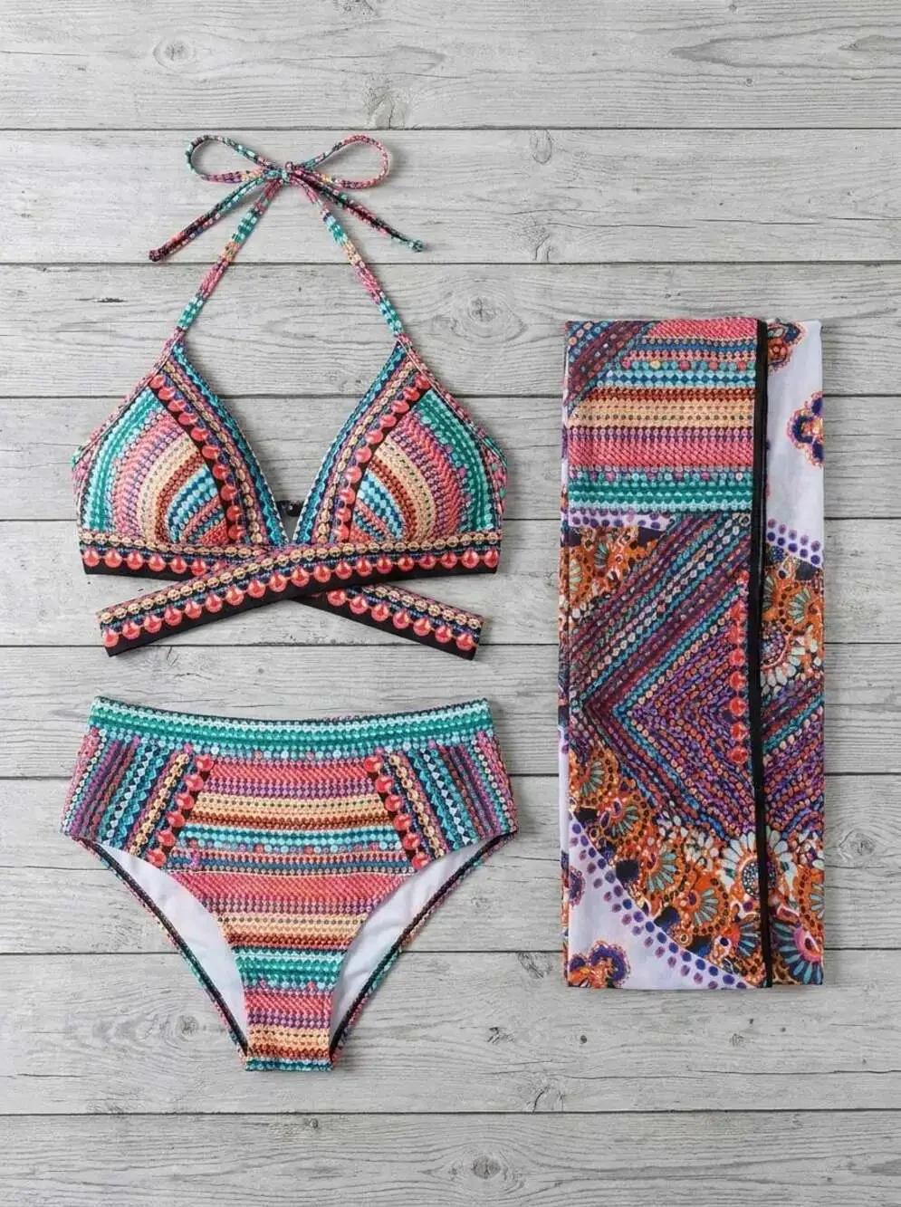 Tribal Print 3 Piece Crisscross Bikini Set with Matching Sarong